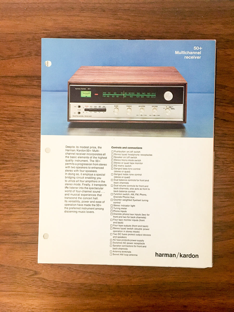Harman Kardon Model 50+ / 50 + Receiver Dealer Sales Sheet / Specs *Original*