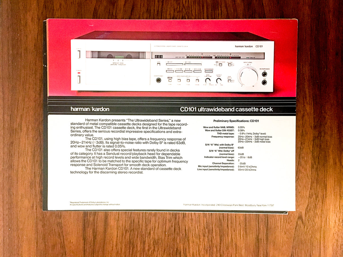 Harman Kardon CD101 / CD 101 Cassette Dealer Sales Sheet / Specs *Original*