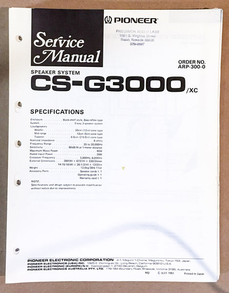 Pioneer CS-G3000 SPEAKER Service Manual *Original*