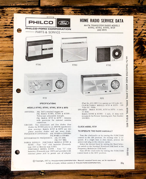 Philco Ford RT992 RT993 RT995 RT739 R970 Radio Service Manual *Original*