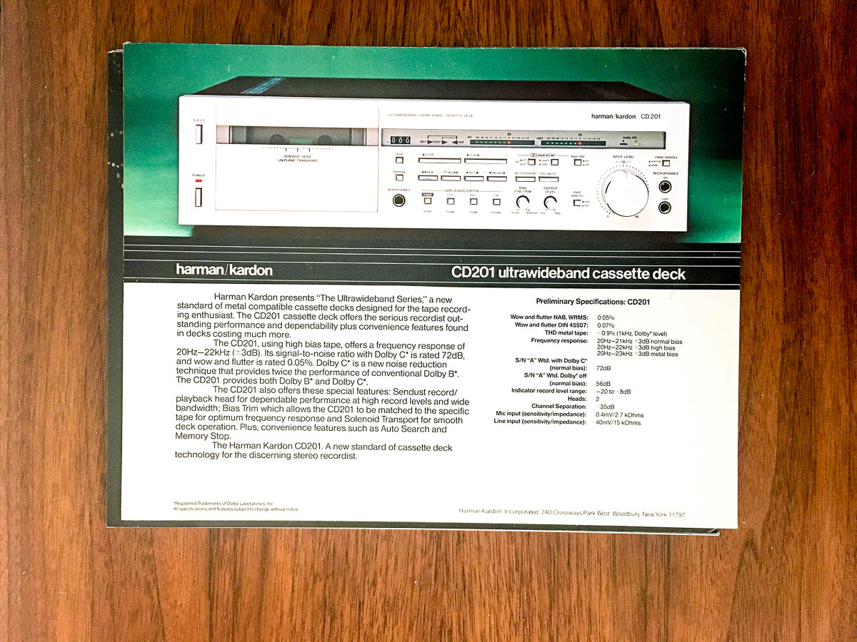Harman Kardon CD201 / CD 201 Cassette Dealer Sales Sheet / Specs *Original*