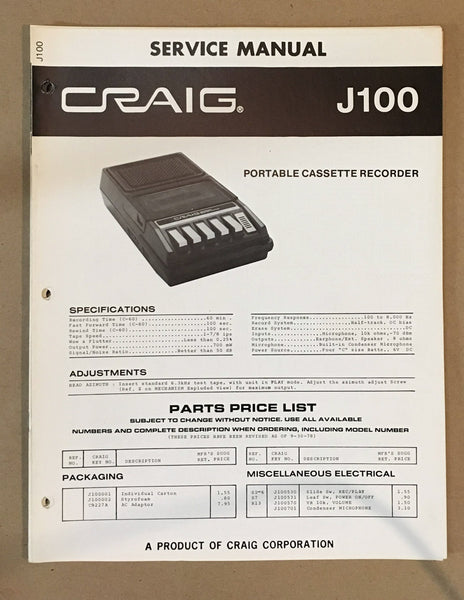 Craig Model J100 Cassette Service Manual *Original*