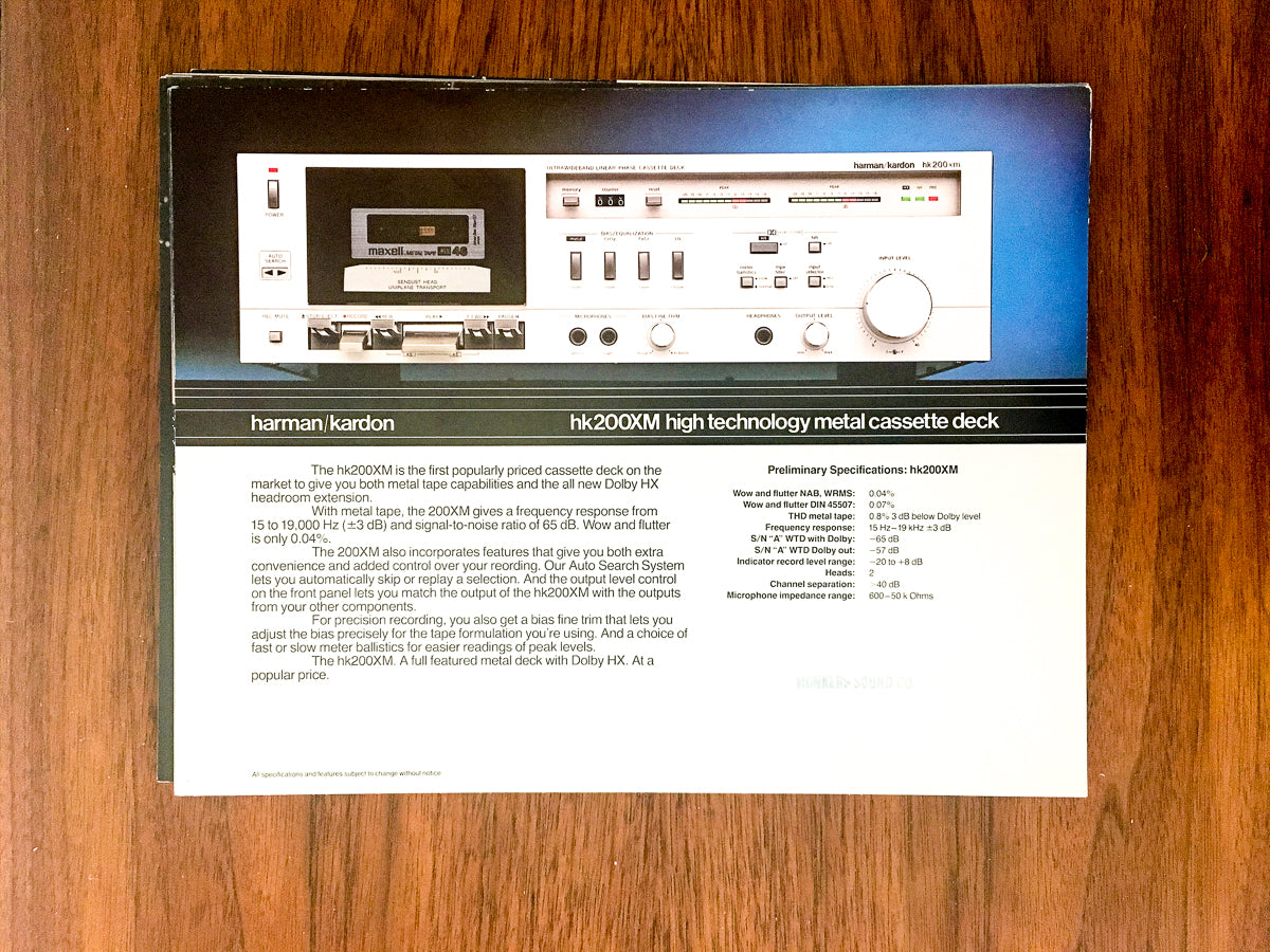 Harman Kardon HK200XM / HK 200 XM Cassette Dealer Sales Sheet / Specs *Original*