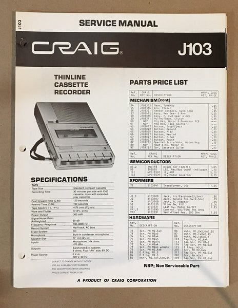 Craig Model J103 Cassette Service Manual *Original*