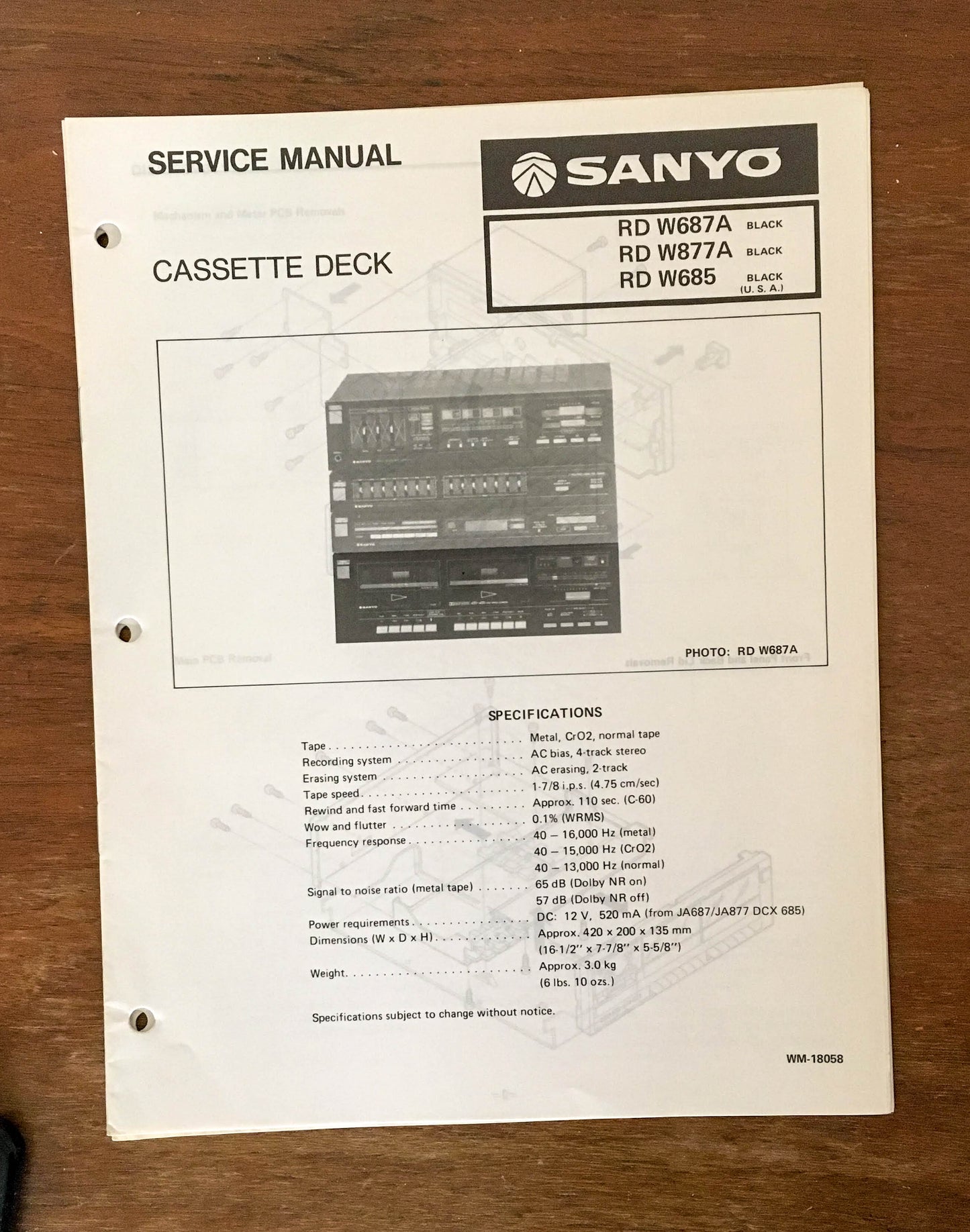 Sanyo RD W687A W877A W685 Tape Cassette Deck Service Manual *Original*