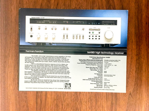 Harman Kardon HK490i / HK 490i Receiver Dealer Sales Sheet / Specs *Original*