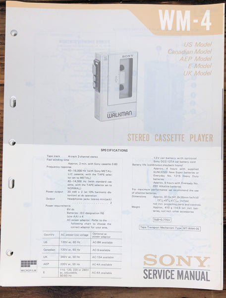 Sony WM-4 Radio Cassette  Service Manual *Original*