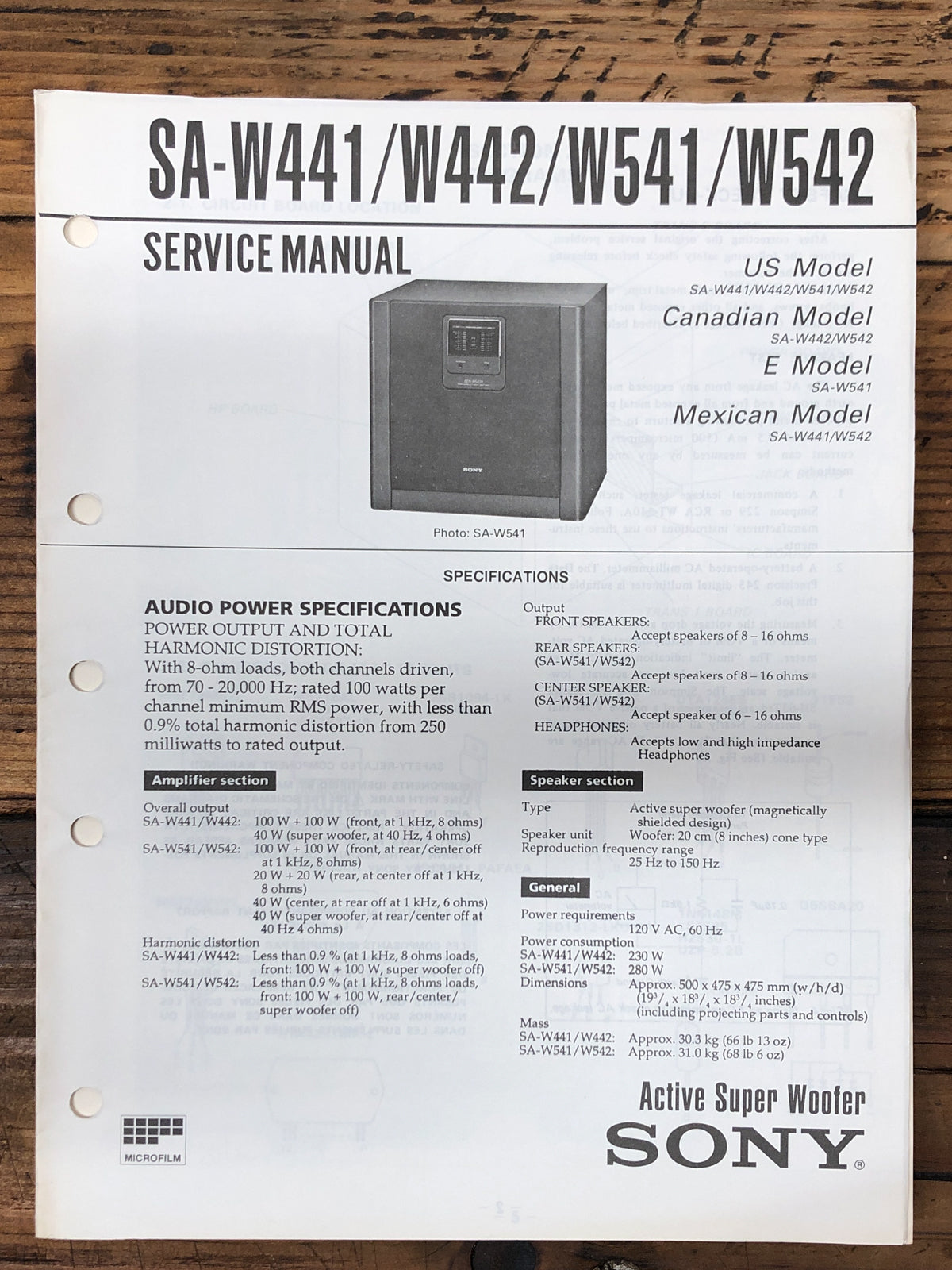 Sony SA-W441 -W442 -W541 -W542 Subwoofer  Service Manual *Original*