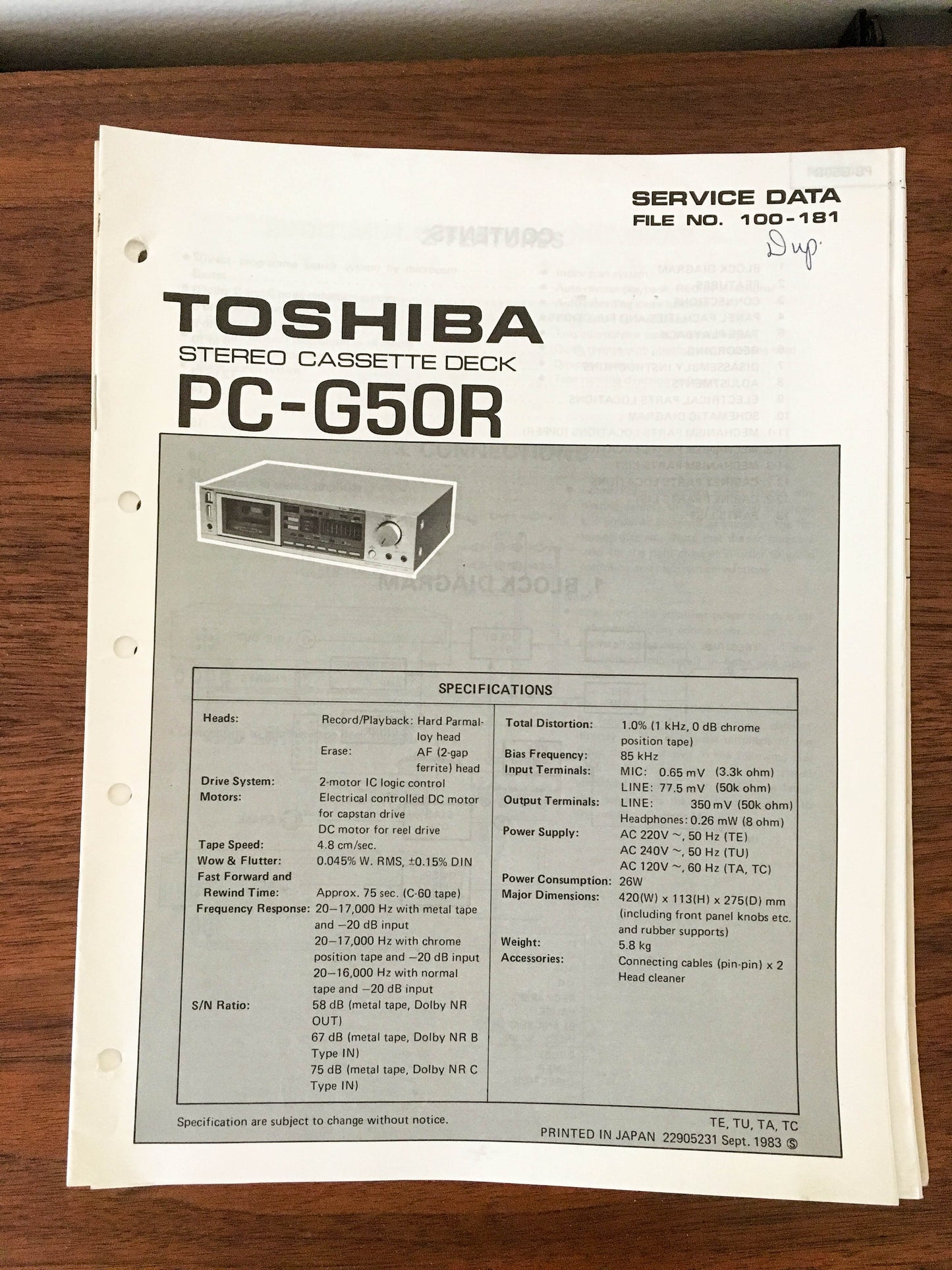 Toshiba PC-G50R Cassette Deck Service Manual *Original* #1