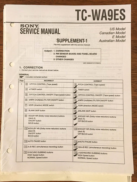 Sony TC-WA9ES Tape Cassette Service Manual Supplement *Original*