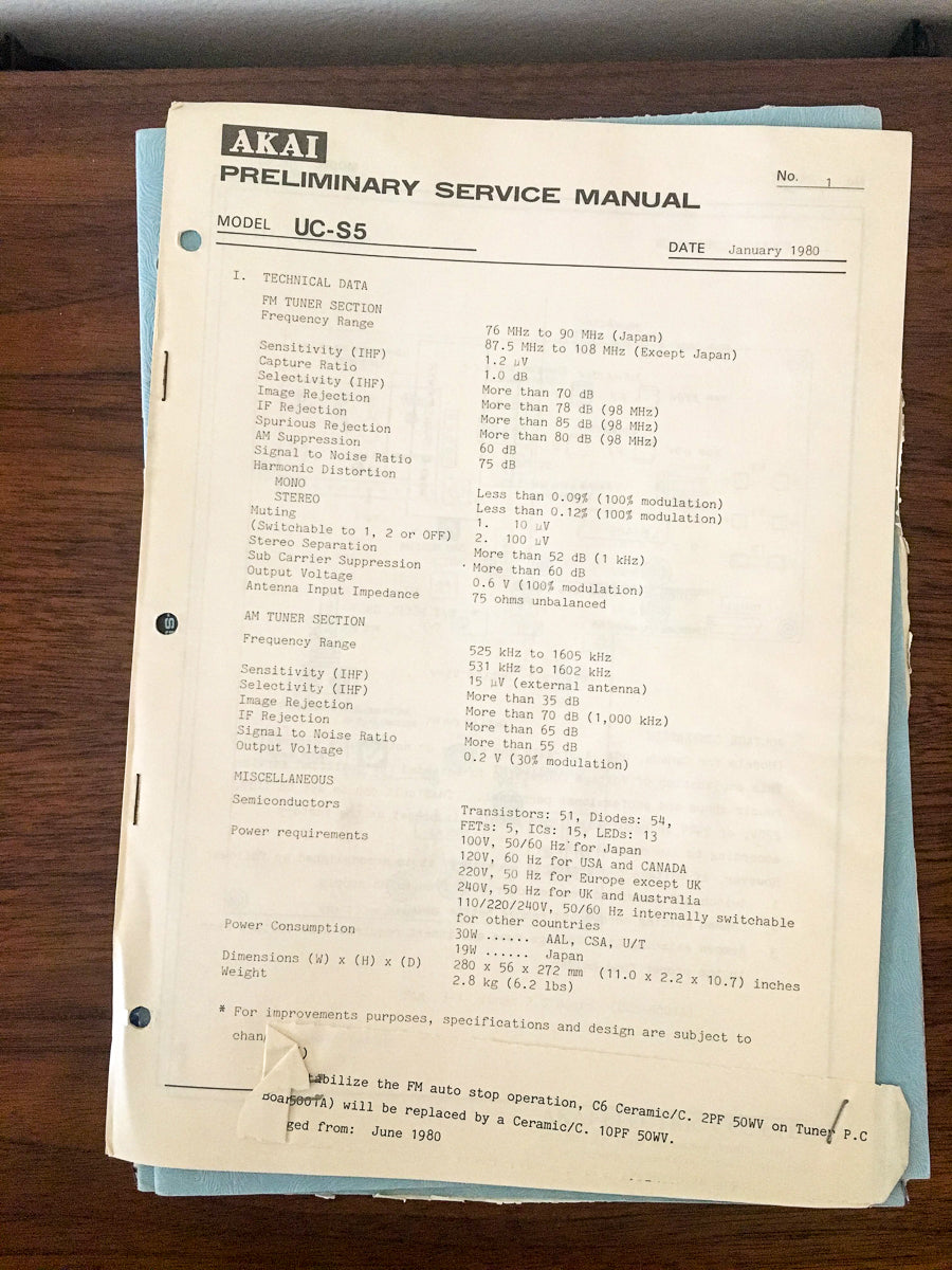 Akai UC-S5  Tuner Preliminary Service Manual *Original*