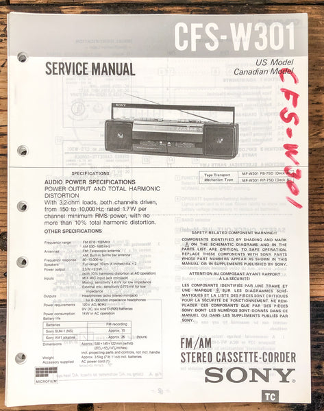 Sony CFS-W301 Radio / Boombox  Service Manual *Original* #2