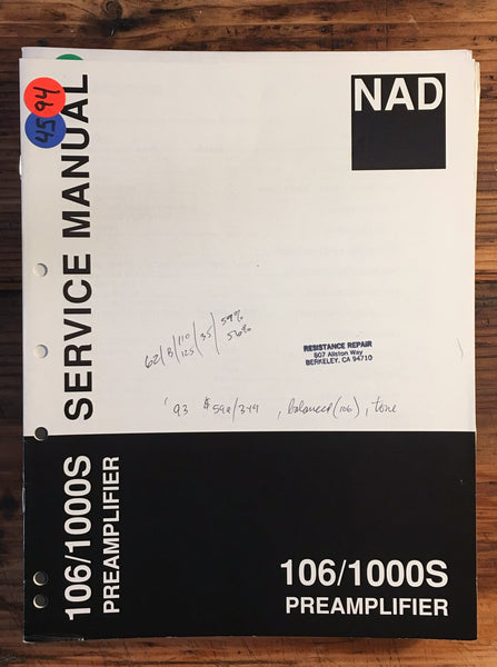 NAD Model 106 / 1000S Preamplifier / Preamp  Service Manual *Original*