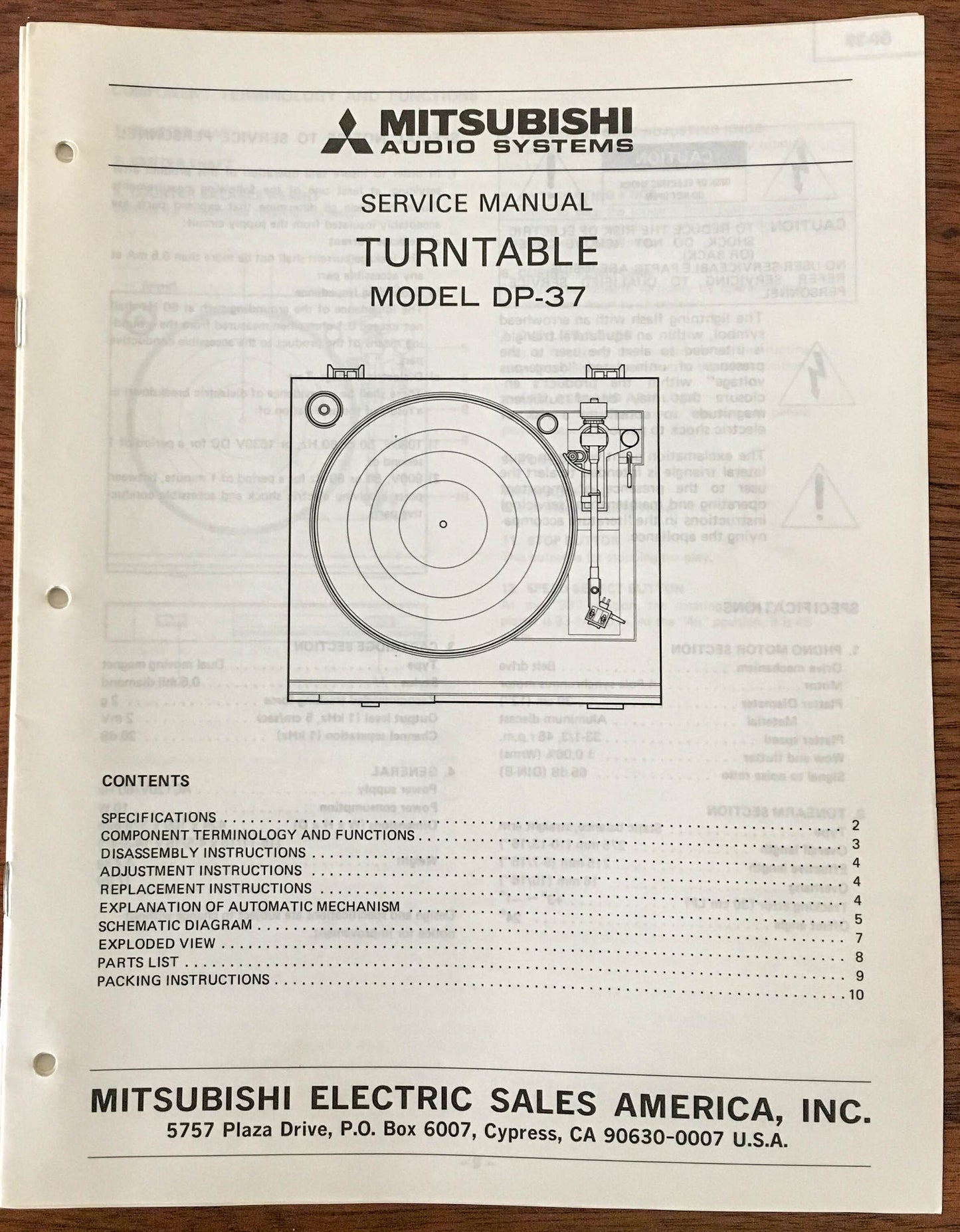 Mitsubishi DP-37 Record Player / Turntable Service Manual *Original*