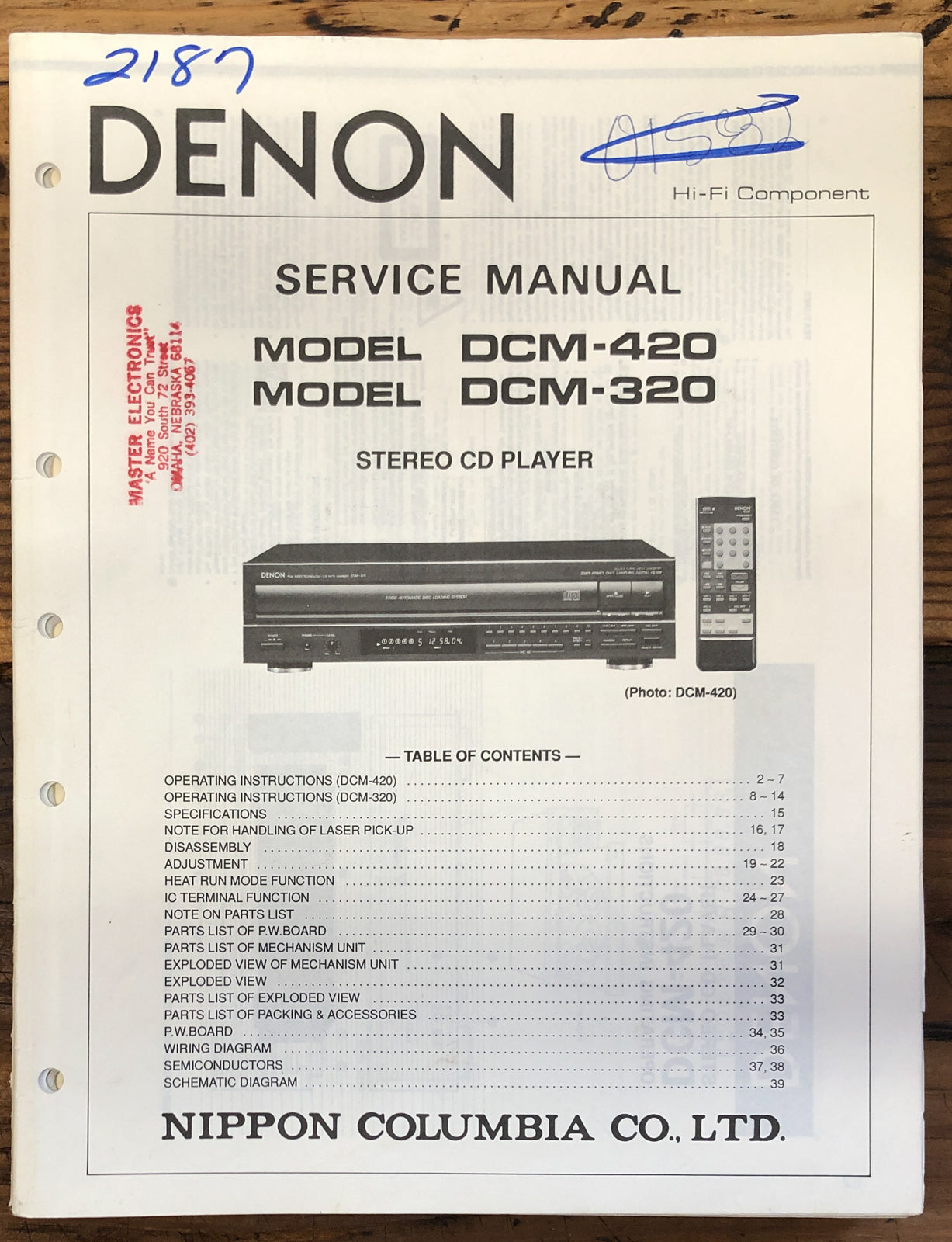 Denon DCM-320 DCM-420 CD Player  Service Manual *Original*