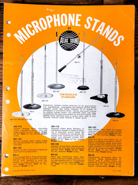 Atlas Sound 1978 Mic Stands Accessories Adapters  3 pg Foldout Brochure *Orig*