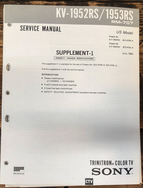 Sony KV-1952RS -1953RS TV Supp Service Manual *Original*