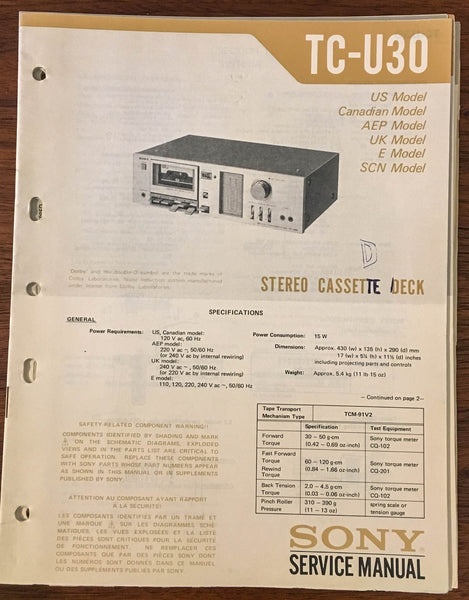 Sony TC-U30 CASSETTE Service Manual *Original*