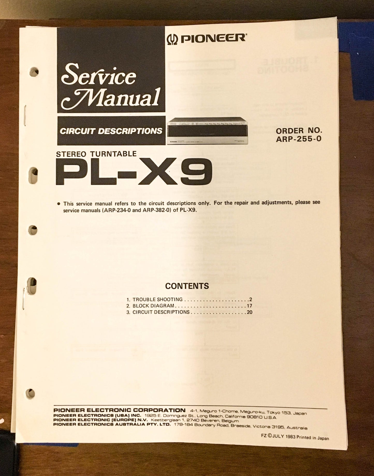 Pioneer PL-X9 Turntable / Record Player Service Manual *Original*