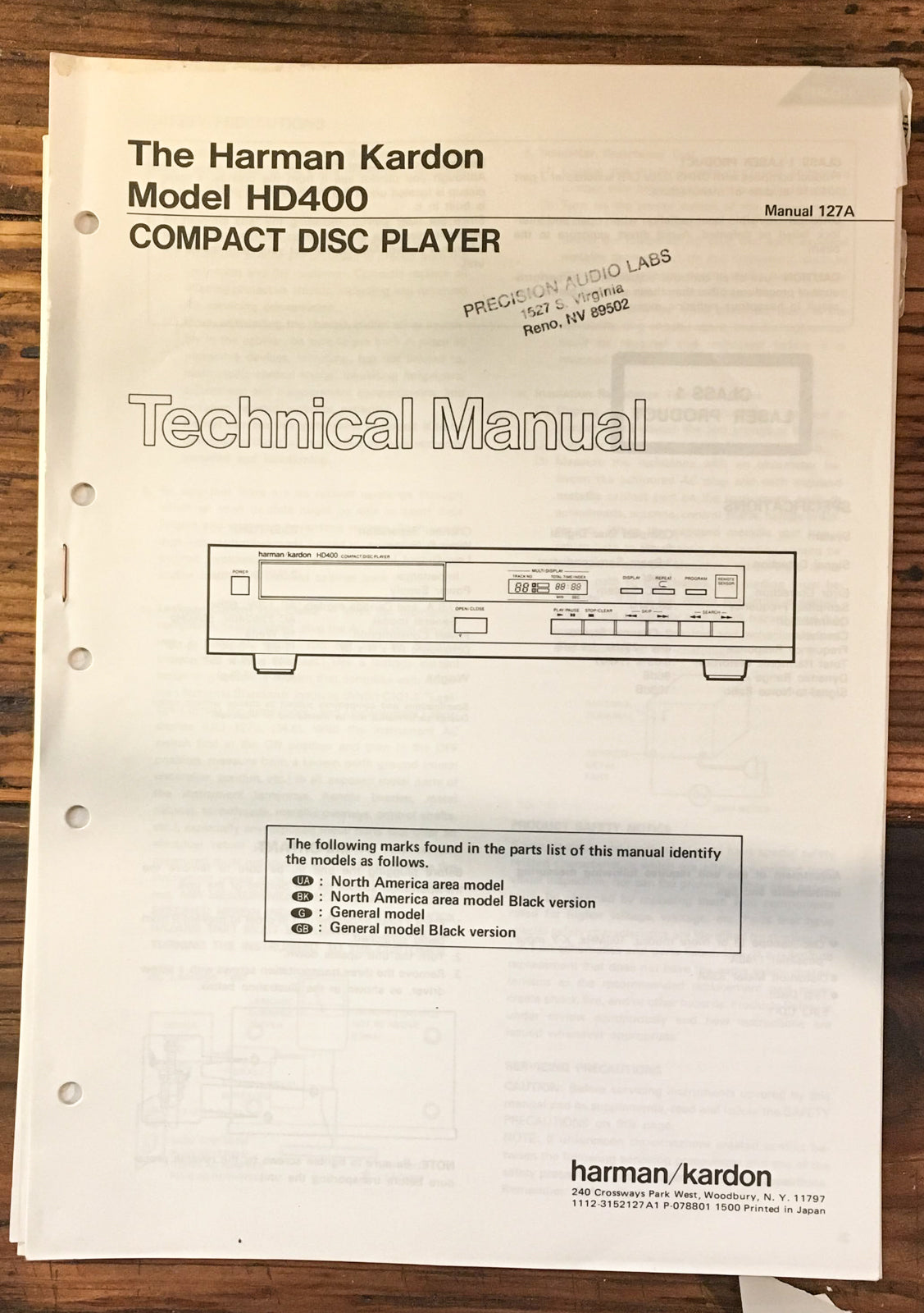 Harman Kardon HD400 HD-400 CD Player  Service Manual *Original*
