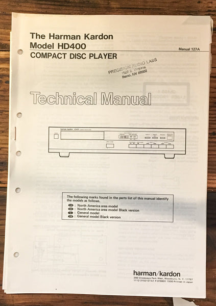 Harman Kardon HD400 HD-400 CD Player  Service Manual *Original*