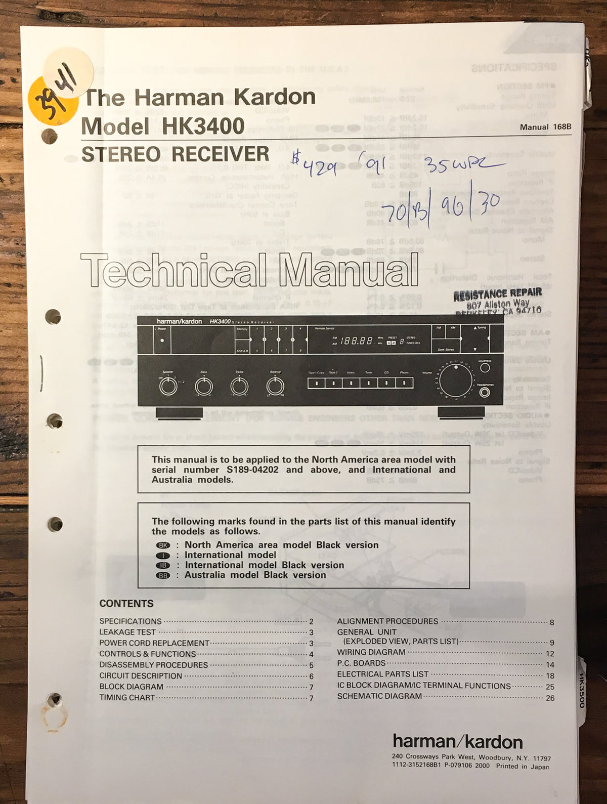 Harman Kardon HK3400 HK3400 Receiver Service Manual *Original*