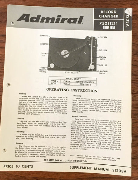 Admiral 750E1211 S1233A Record Changer Service Manual *Original*
