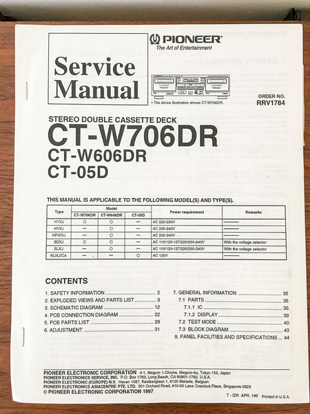 Pioneer CT-W706DR CT-W606DR CT-O5D Cassette Service Manual *Original*