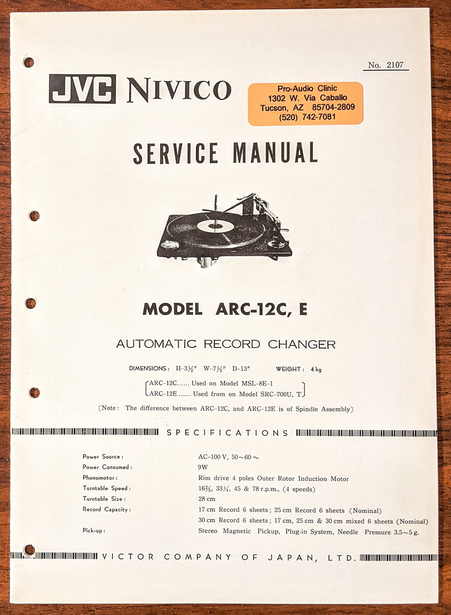 JVC ARC-12C ARC-12E Record Player / Turntable Service Manual *Original*