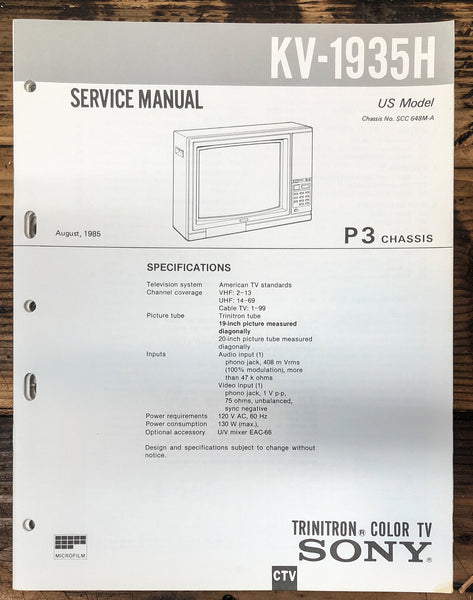 Sony KV-1935H TV  Service Manual *Original*