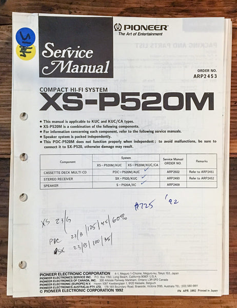 Pioneer XS-P520M Stereo  Service Manual *Original*