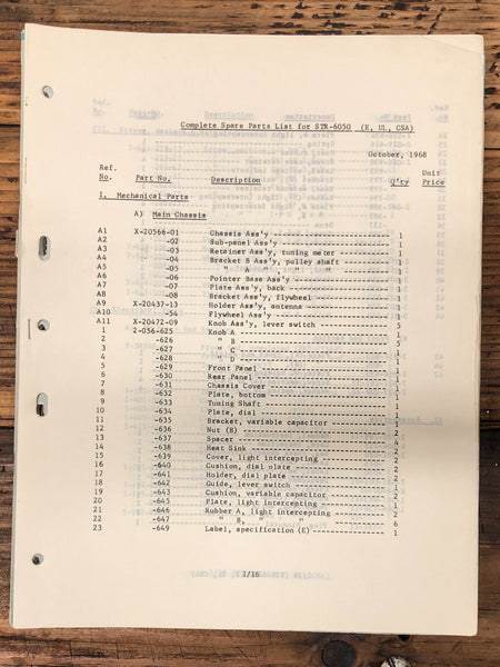 Sony STR-6050 Receiver  Parts List Manual *Original*