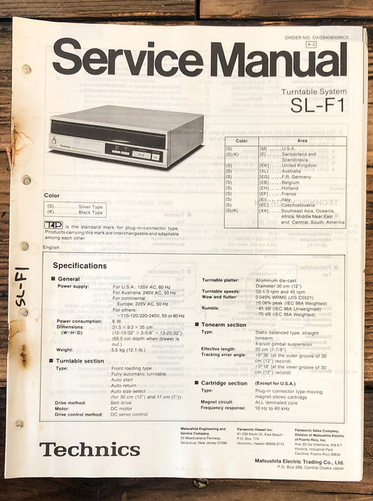 Technics SL-F1 Record Player / Turntable  Service Manual *Original*