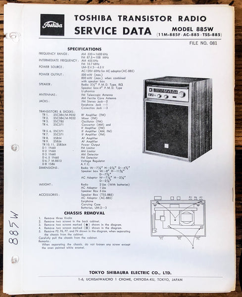 Toshiba Model 885W Radio Service Manual *Original*