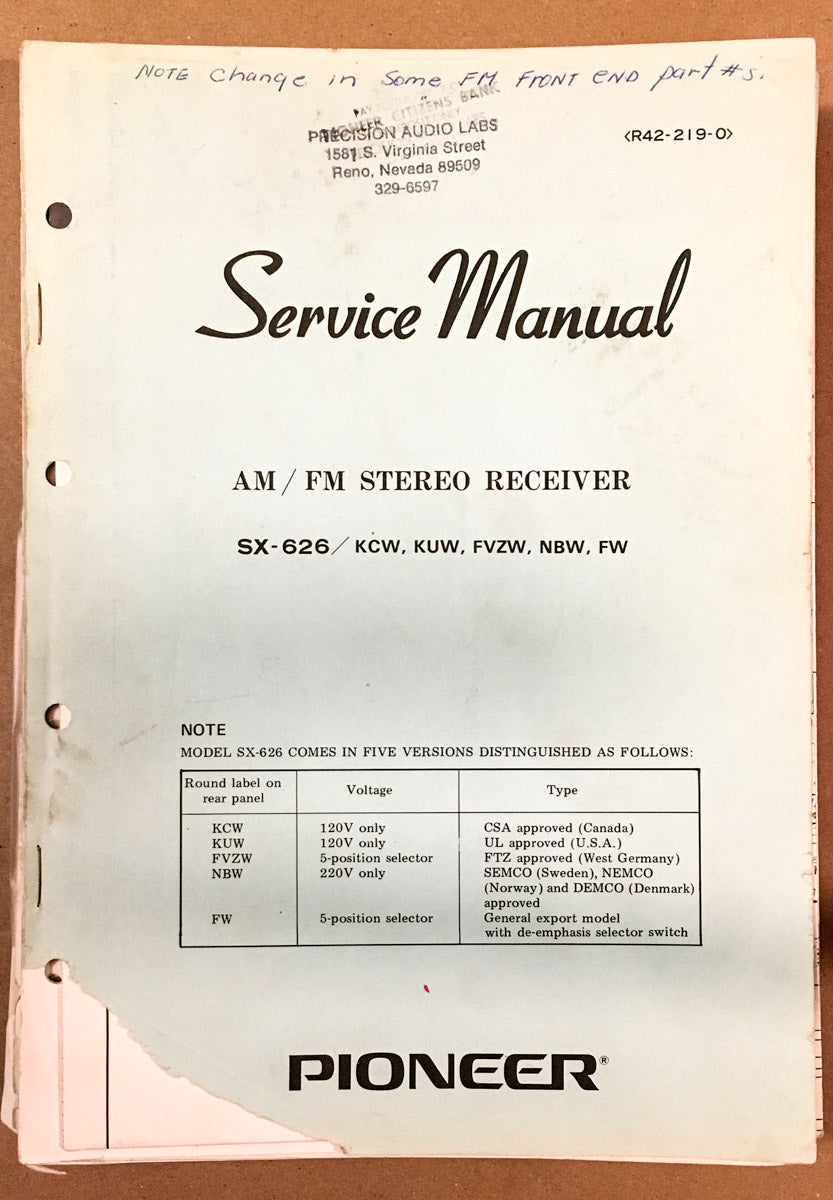 Pioneer SX-626 Receiver  Service Manual *Original*