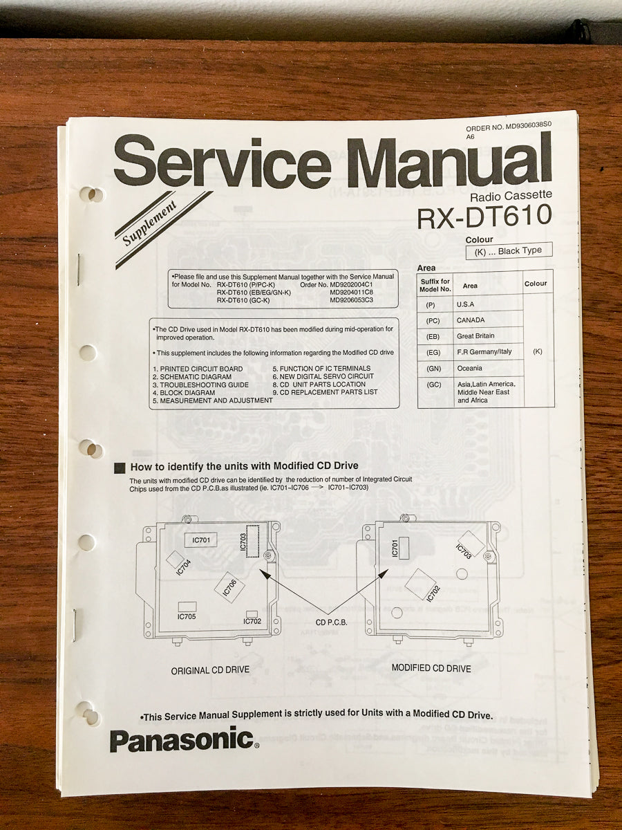 Panasonic RX-DT610 Radio Cassette Service Manual Supplement *Original*
