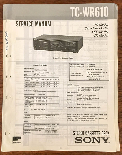 Sony TC-WR610 Tape Cassette Service Manual *Original*