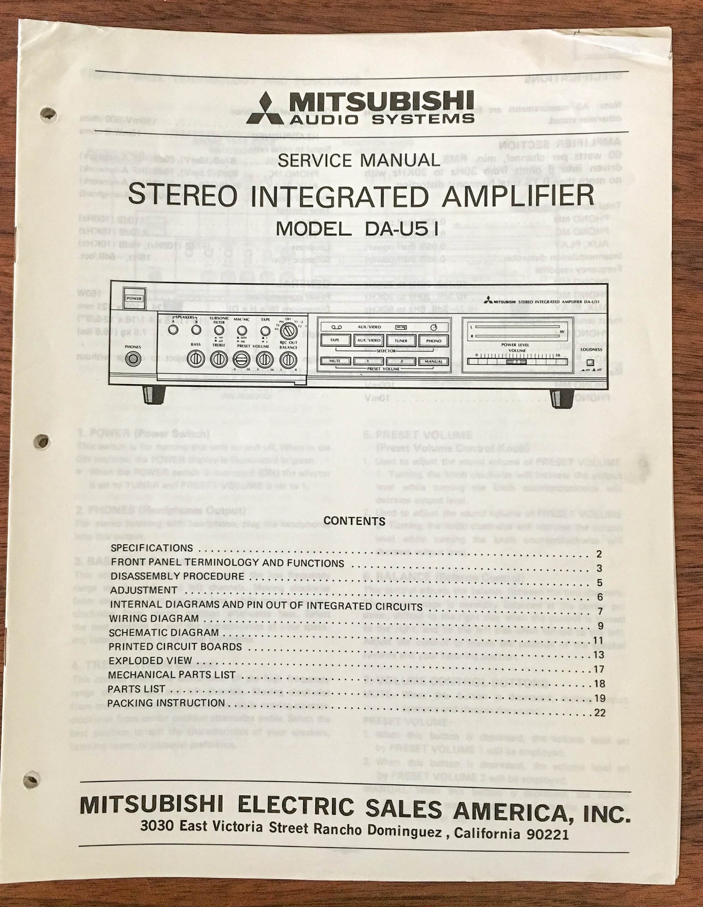 Mitsubishi DA-U51 Stereo Amplifier Service Manual *Original*