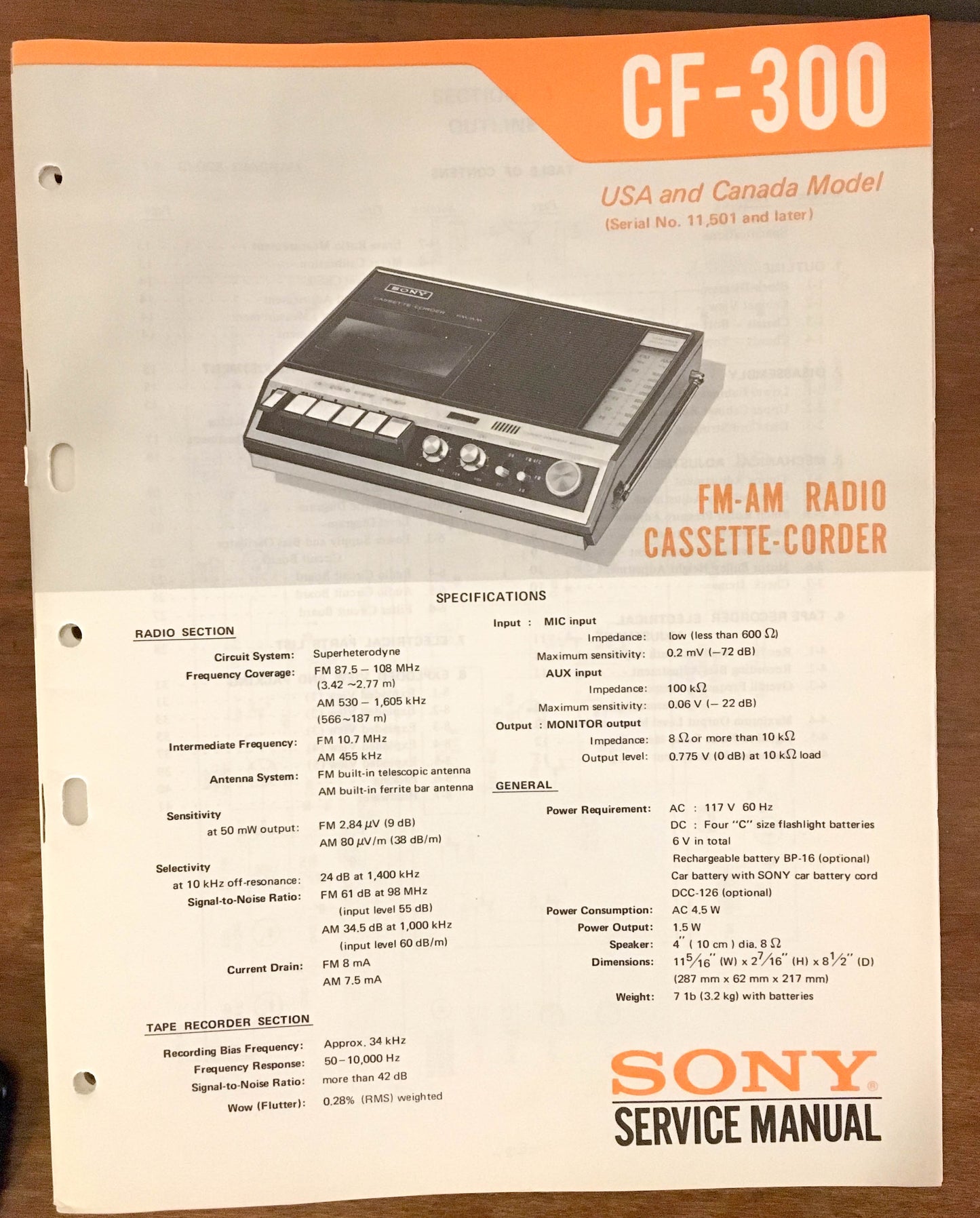 Sony CF-300 RADIO CASSETTE  Service Manual *Original* #2