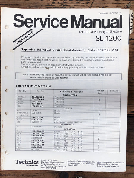 Technics SL-1200 Record Player / Turntable Supp. Service Manual *Original*