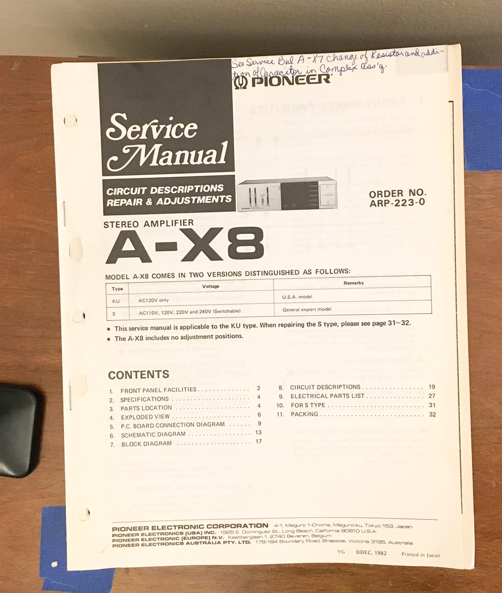 Pioneer A-X8 Amplifier Service Manual *Original*