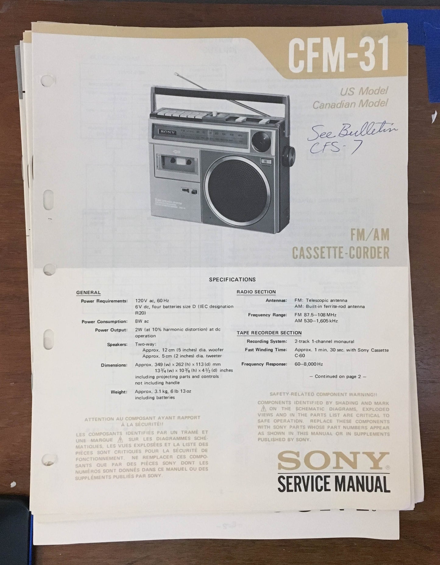 Sony CFM-31 Radio Cassette Recorder Service Manual *Original*