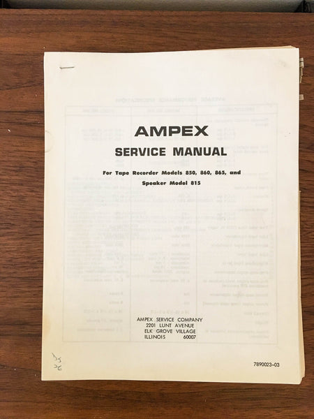Ampex Model 850 860 865 815 Tape Recorder Service Manual *Original* #1