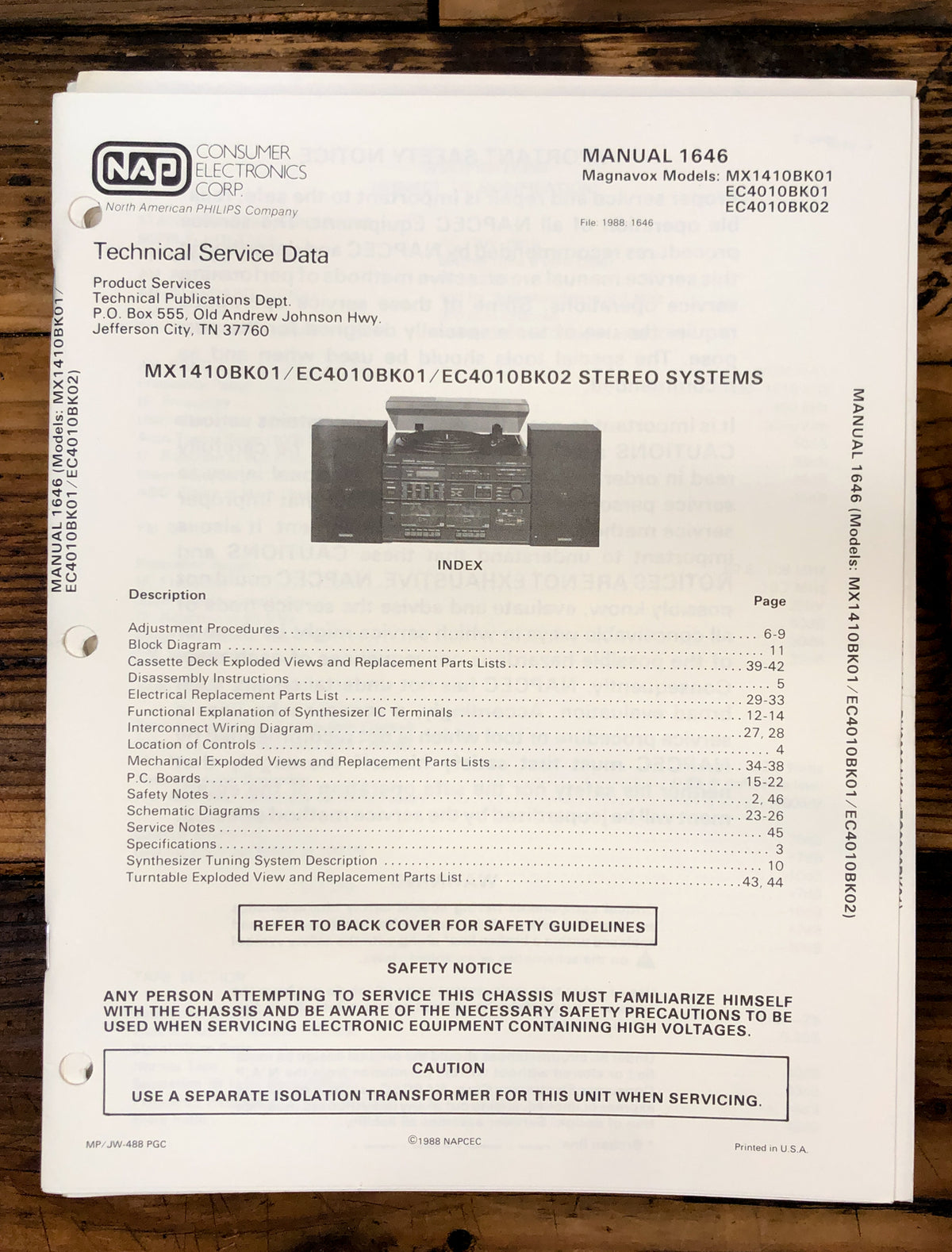Magnavox MX1410 EC4010 Stereo  Service Manual *Original*