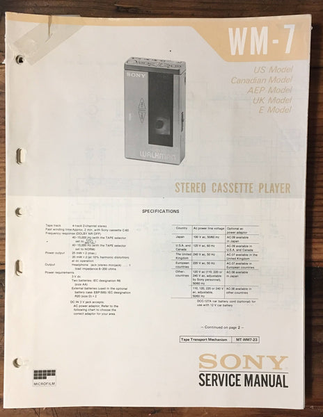 Sony WM-7 Cassette Service Manual *Original*