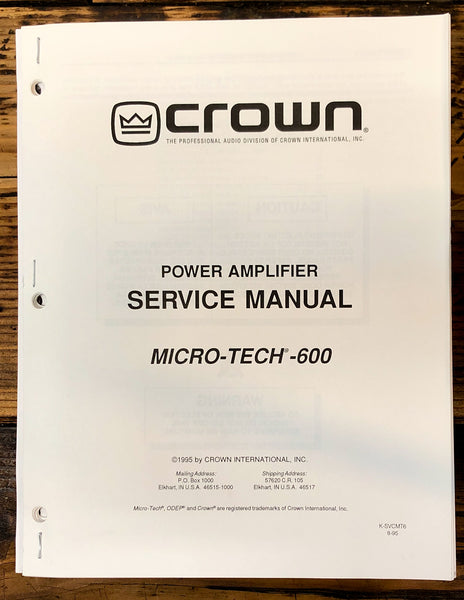 Crown Micro-Tech 600 Amplifier Service Manual *Original*