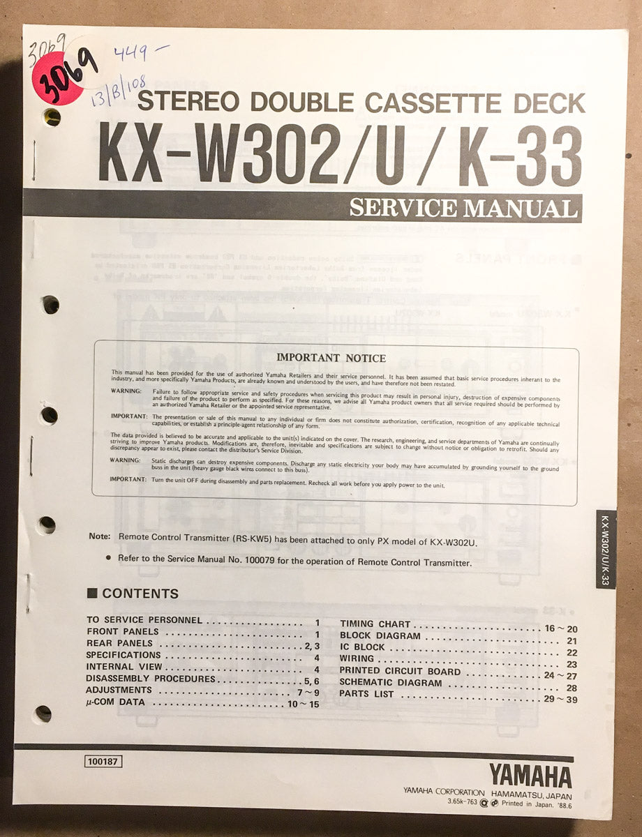 Yamaha KX-W302 K-33 Cassette Service Manual *Original*