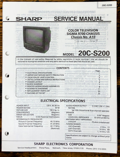 Sharp 20C-S200 TV / Television Service Manual *Original*
