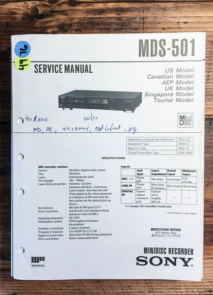 Sony MDS-501 Mini Disc MD Recorder  Service Manual *Original*