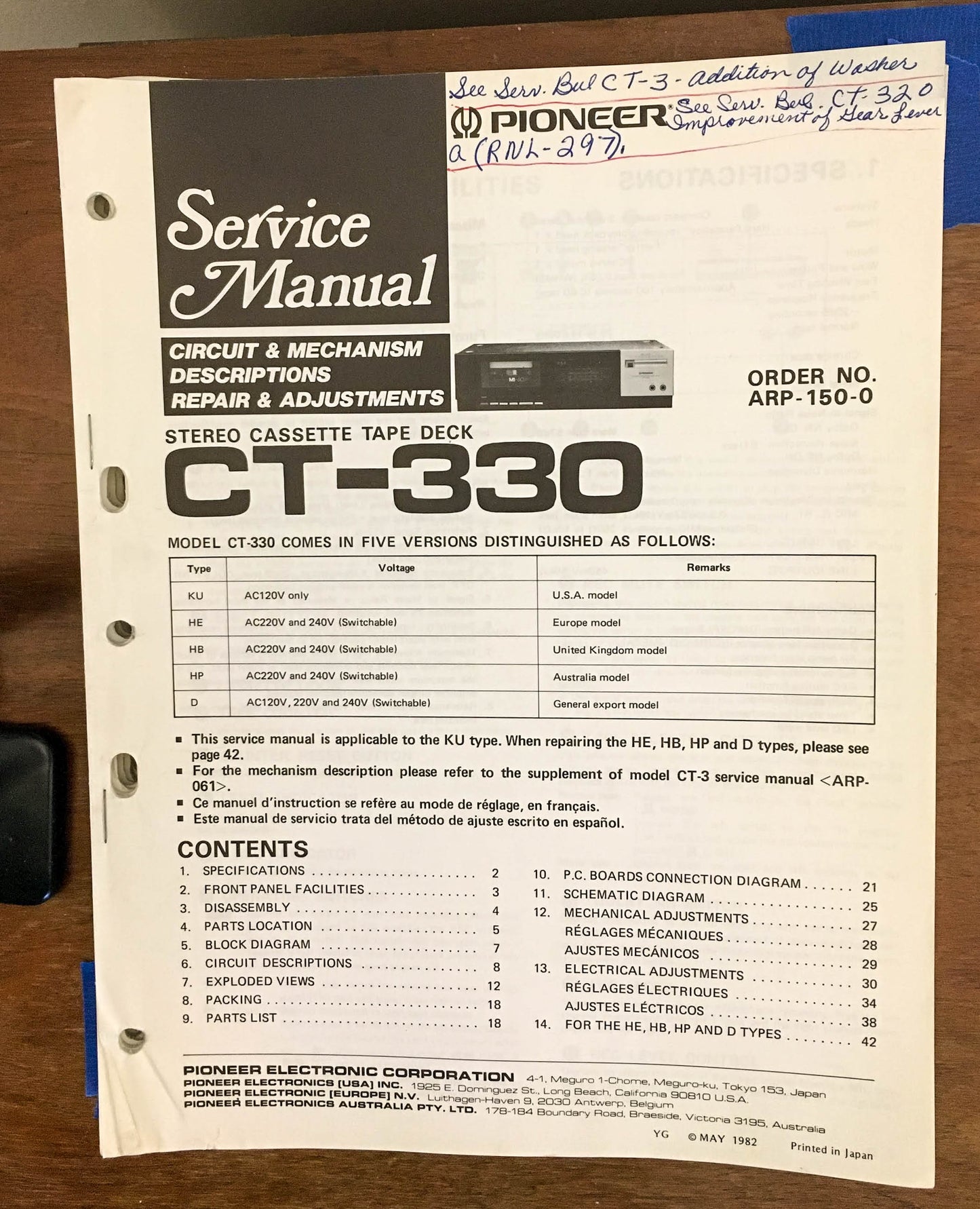 Pioneer CT-330 Cassette  Service Manual *Original*